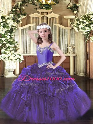 Cheap Purple Organza Lace Up Pageant Gowns For Girls Sleeveless Floor Length Beading and Ruffles