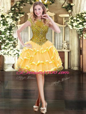 Gold Ball Gowns Organza Scoop Cap Sleeves Beading and Ruffled Layers Mini Length Zipper Prom Dresses