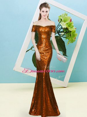Fantastic Short Sleeves Sequined Floor Length Zipper Prom Dresses in Rust Red with Sequins