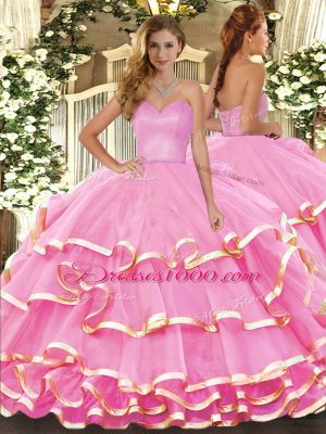 Ideal Organza Sweetheart Sleeveless Lace Up Ruffled Layers 15 Quinceanera Dress in Rose Pink