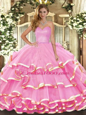 Ideal Organza Sweetheart Sleeveless Lace Up Ruffled Layers 15 Quinceanera Dress in Rose Pink