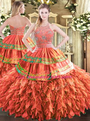 Rust Red Halter Top Neckline Beading and Ruffles and Sequins Quince Ball Gowns Sleeveless Zipper