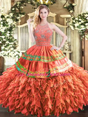 Rust Red Halter Top Neckline Beading and Ruffles and Sequins Quince Ball Gowns Sleeveless Zipper