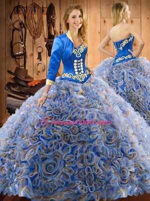 Sleeveless Satin and Fabric With Rolling Flowers With Train Sweep Train Lace Up 15th Birthday Dress in Multi-color with Embroidery