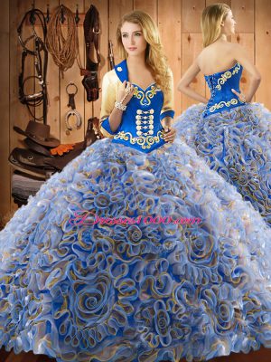 Sleeveless Satin and Fabric With Rolling Flowers With Train Sweep Train Lace Up 15th Birthday Dress in Multi-color with Embroidery