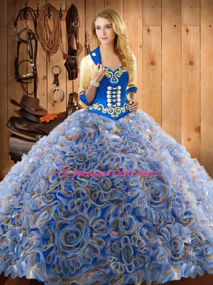 Sleeveless Satin and Fabric With Rolling Flowers With Train Sweep Train Lace Up 15th Birthday Dress in Multi-color with Embroidery
