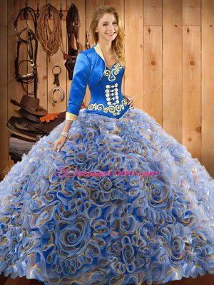 Sleeveless Satin and Fabric With Rolling Flowers With Train Sweep Train Lace Up 15th Birthday Dress in Multi-color with Embroidery
