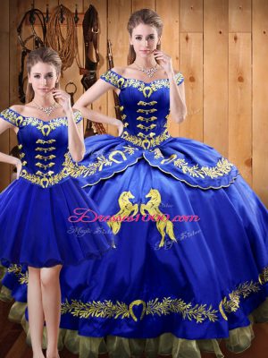 Floor Length Royal Blue Quinceanera Dress Off The Shoulder Sleeveless Lace Up