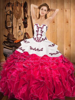 Floor Length Hot Pink Quinceanera Dresses Satin and Organza Sleeveless Embroidery and Ruffles