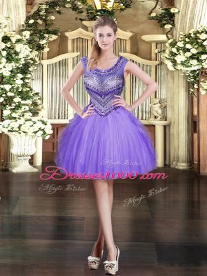 Lavender Scoop Neckline Beading and Ruffles Evening Dress Sleeveless Zipper