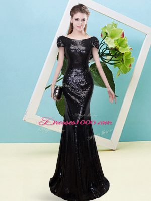 Attractive Black Mermaid Sequined Scoop Cap Sleeves Sequins Floor Length Zipper Prom Evening Gown
