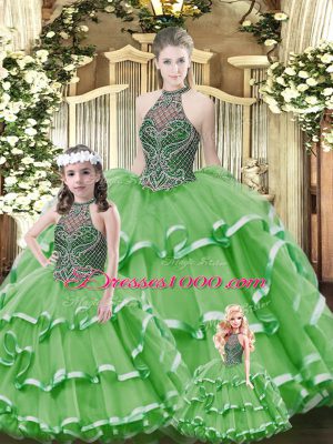 Customized Green Lace Up Halter Top Beading and Ruffled Layers Quinceanera Gowns Tulle Sleeveless