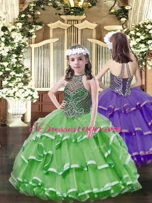 Customized Green Lace Up Halter Top Beading and Ruffled Layers Quinceanera Gowns Tulle Sleeveless