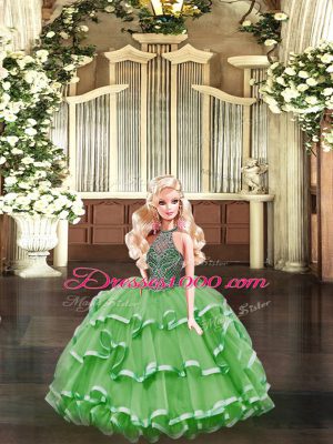 Customized Green Lace Up Halter Top Beading and Ruffled Layers Quinceanera Gowns Tulle Sleeveless