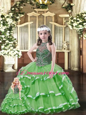 Customized Green Lace Up Halter Top Beading and Ruffled Layers Quinceanera Gowns Tulle Sleeveless