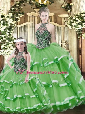 Customized Green Lace Up Halter Top Beading and Ruffled Layers Quinceanera Gowns Tulle Sleeveless