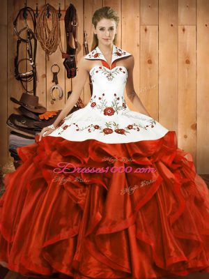 Rust Red Halter Top Neckline Embroidery and Ruffles Quince Ball Gowns Sleeveless Lace Up