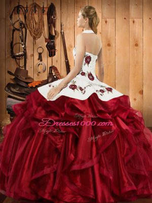 Rust Red Halter Top Neckline Embroidery and Ruffles Quince Ball Gowns Sleeveless Lace Up