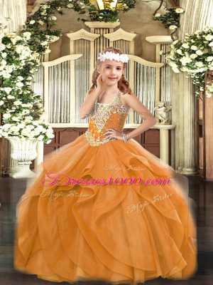 Glorious V-neck Sleeveless Tulle High School Pageant Dress Beading and Ruffles Lace Up