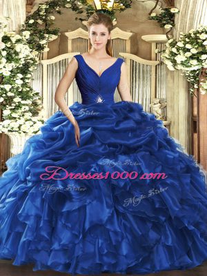 Dramatic Blue Organza Backless V-neck Sleeveless Floor Length Quinceanera Gowns Beading and Ruffles