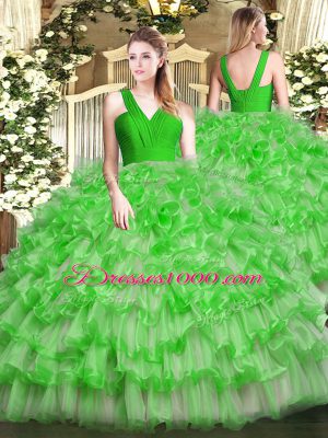 Fabulous Floor Length Green Ball Gown Prom Dress V-neck Sleeveless Zipper