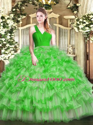 Fabulous Floor Length Green Ball Gown Prom Dress V-neck Sleeveless Zipper