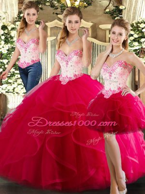 Floor Length Lace Up Sweet 16 Dress Hot Pink for Military Ball and Sweet 16 and Quinceanera with Beading and Ruffles