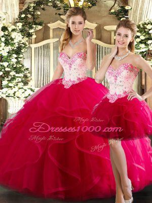 Floor Length Lace Up Sweet 16 Dress Hot Pink for Military Ball and Sweet 16 and Quinceanera with Beading and Ruffles