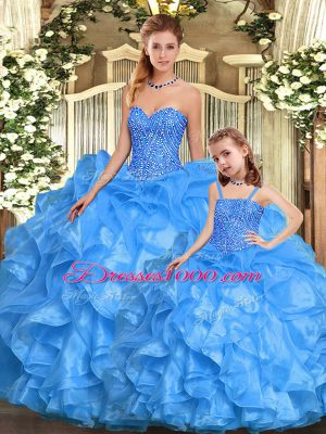 Baby Blue Ball Gowns Organza Sweetheart Sleeveless Beading and Ruffles Floor Length Lace Up Sweet 16 Quinceanera Dress