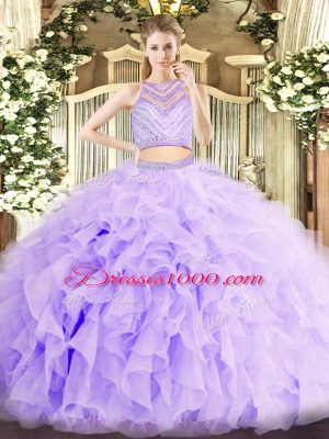 Lavender Zipper Ball Gown Prom Dress Beading and Ruffles Sleeveless Floor Length