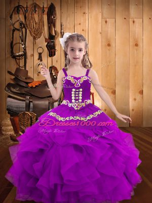 Charming Floor Length Purple Pageant Gowns For Girls Organza Sleeveless Embroidery and Ruffles