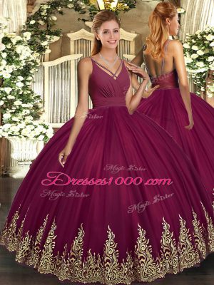 Burgundy Ball Gowns Tulle V-neck Sleeveless Beading and Appliques Floor Length Backless Sweet 16 Quinceanera Dress