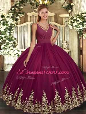 Burgundy Ball Gowns Tulle V-neck Sleeveless Beading and Appliques Floor Length Backless Sweet 16 Quinceanera Dress