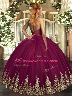 Burgundy Ball Gowns Tulle V-neck Sleeveless Beading and Appliques Floor Length Backless Sweet 16 Quinceanera Dress