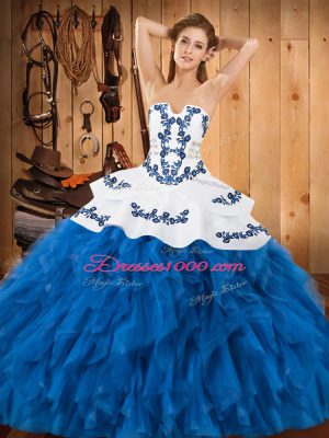 Designer Satin and Organza Strapless Sleeveless Lace Up Embroidery and Ruffles Quince Ball Gowns in Blue And White