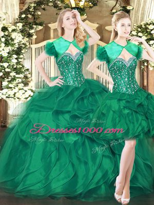 Elegant Dark Green Ball Gowns Tulle Sweetheart Sleeveless Beading and Ruffles Floor Length Lace Up Vestidos de Quinceanera