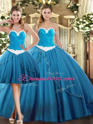 Teal Sleeveless Tulle Lace Up Quinceanera Dresses for Military Ball and Sweet 16 and Quinceanera