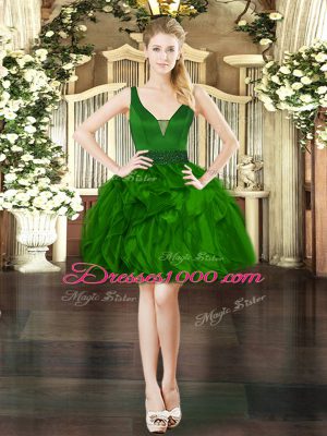 Eye-catching Mini Length Dark Green Prom Dresses Organza Sleeveless Beading and Ruffles