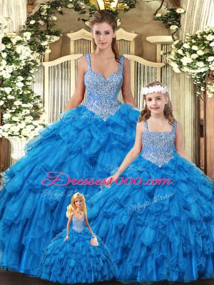 Fancy Teal Tulle Lace Up Vestidos de Quinceanera Sleeveless Floor Length Beading and Ruffles