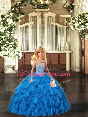 Fancy Teal Tulle Lace Up Vestidos de Quinceanera Sleeveless Floor Length Beading and Ruffles