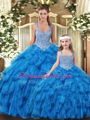 Fancy Teal Tulle Lace Up Vestidos de Quinceanera Sleeveless Floor Length Beading and Ruffles