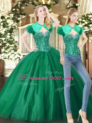 Green Ball Gowns Tulle Sweetheart Sleeveless Beading Floor Length Lace Up Quince Ball Gowns