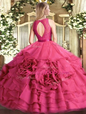 Comfortable Fuchsia Fabric With Rolling Flowers Zipper Scoop Sleeveless Floor Length 15 Quinceanera Dress Lace
