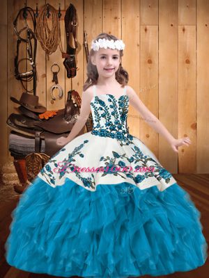 Super Baby Blue Ball Gowns Straps Sleeveless Organza Floor Length Lace Up Embroidery and Ruffles Kids Pageant Dress