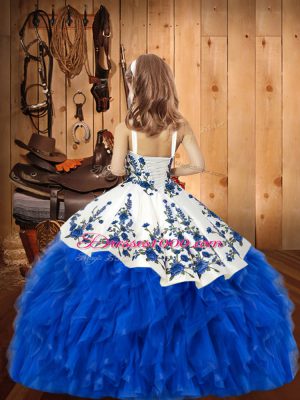 Super Baby Blue Ball Gowns Straps Sleeveless Organza Floor Length Lace Up Embroidery and Ruffles Kids Pageant Dress