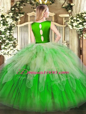 Colorful Sleeveless Organza Floor Length Clasp Handle Ball Gown Prom Dress in Multi-color with Ruffles