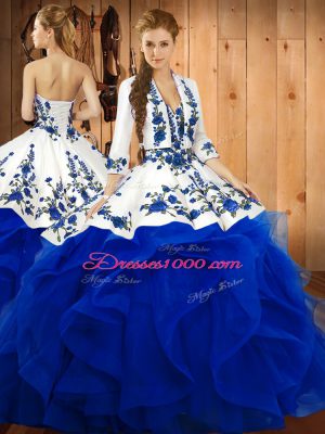 Hot Selling Blue Satin and Organza Lace Up Sweet 16 Quinceanera Dress Sleeveless Floor Length Embroidery and Ruffles