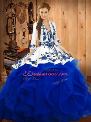 Hot Selling Blue Satin and Organza Lace Up Sweet 16 Quinceanera Dress Sleeveless Floor Length Embroidery and Ruffles