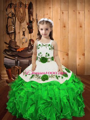 Hot Selling Floor Length Green Party Dress for Girls Organza Sleeveless Embroidery and Ruffles