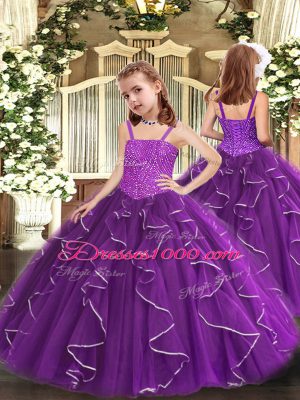 Sleeveless Floor Length Beading and Ruffles Lace Up Pageant Dress with Purple